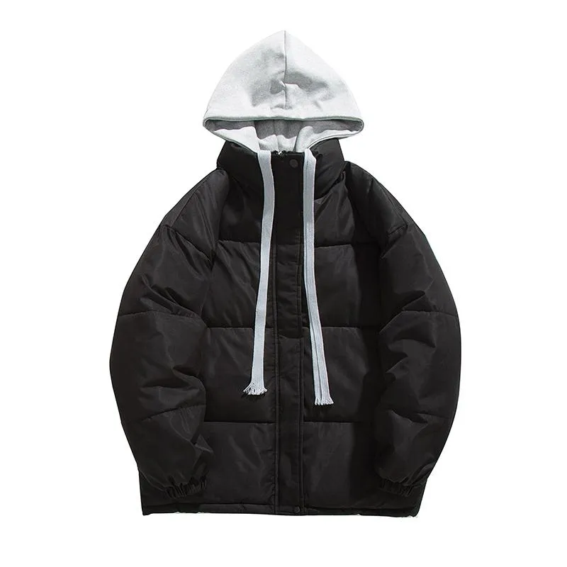 Loose Fit Faux Two-Piece Thickened Hooded Puffer Jacket