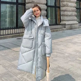 Loose Fit Full-Length Plus Thickened Hooded Puffer Jacket