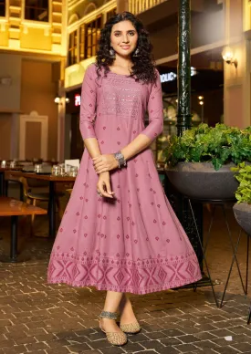 Lovely Pink Colored Heavy Rayon With Foil Prints Kurti For Women