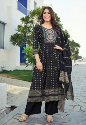 Magical Black Color Rayon Kurti And Superb Palazzo Suits With Dupatta Sets For Women