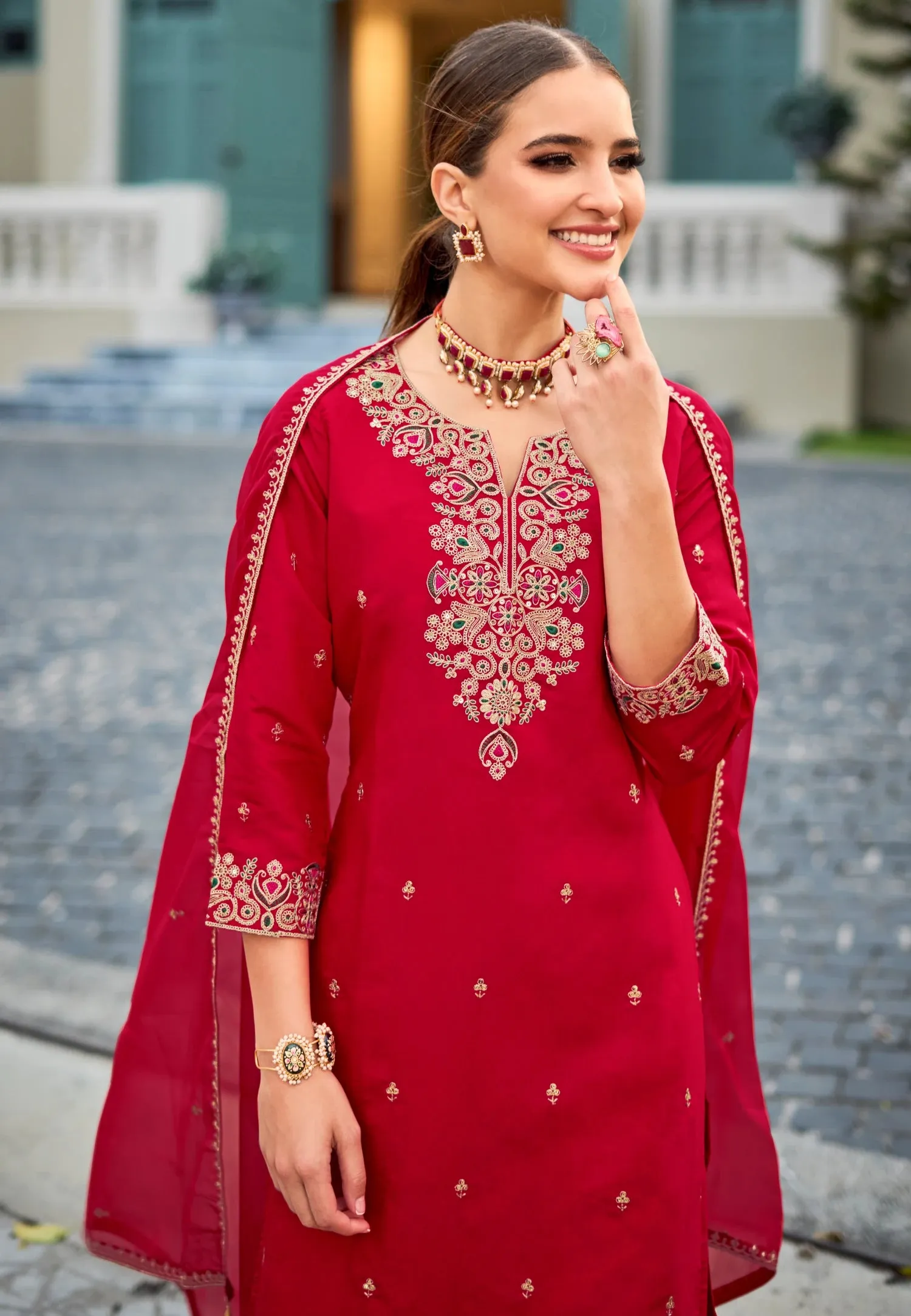 Magnificent Red Color Roman Silk Designer Sharara Suits With Fancy Dupatta