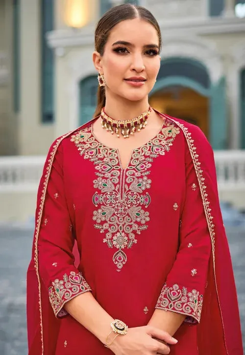 Magnificent Red Color Roman Silk Designer Sharara Suits With Fancy Dupatta