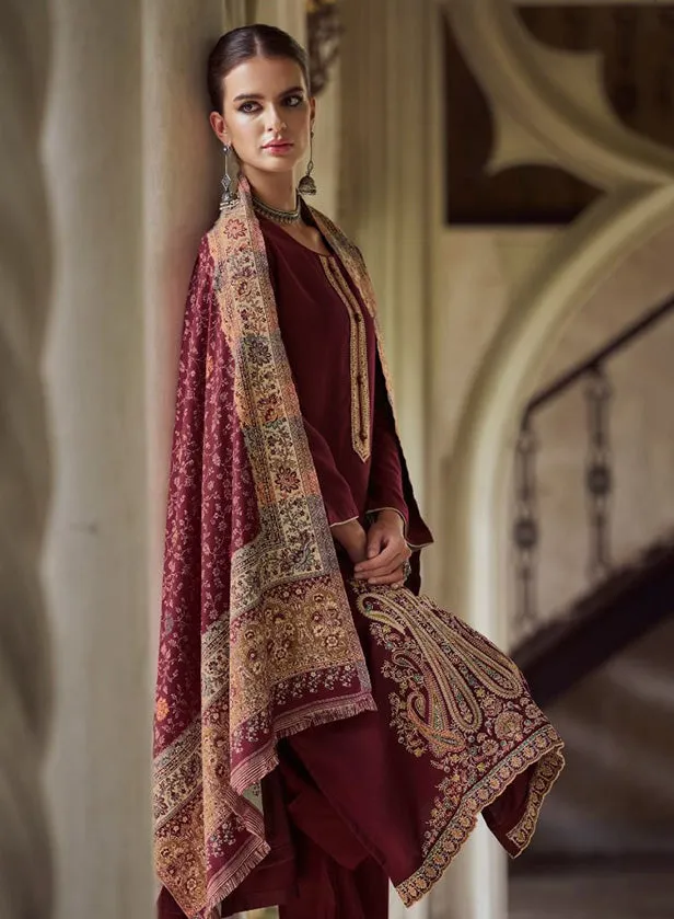 Maroon Unstitched Pashmina Winter Suit Material with Embroidery for Women