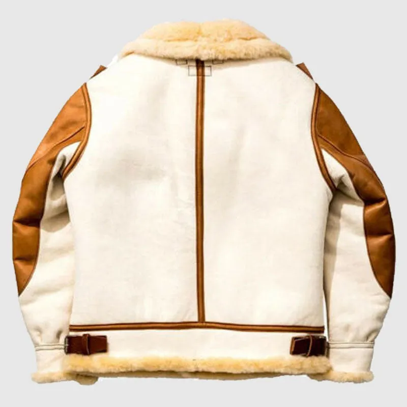 Men’s Aviator USAF Real Sheepskin Shearling White Leather Bomber Flying Pilot Jacket