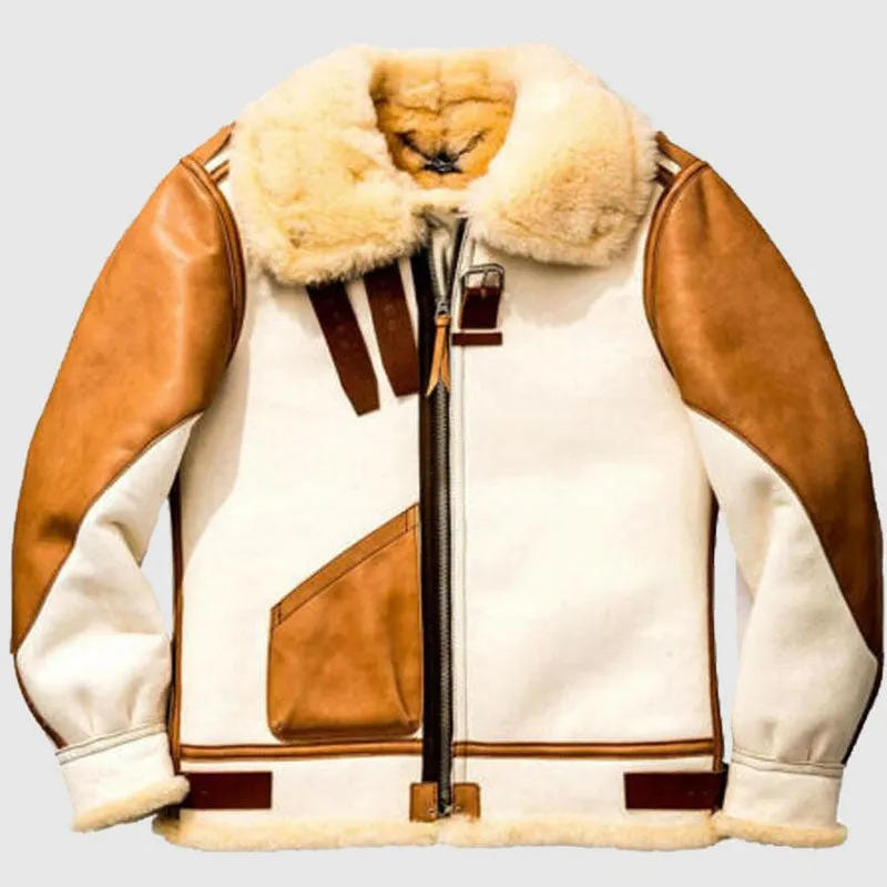 Men’s Aviator USAF Real Sheepskin Shearling White Leather Bomber Flying Pilot Jacket