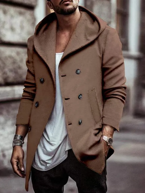 Men's mid-length lapel hooded double-breasted casual trench coat