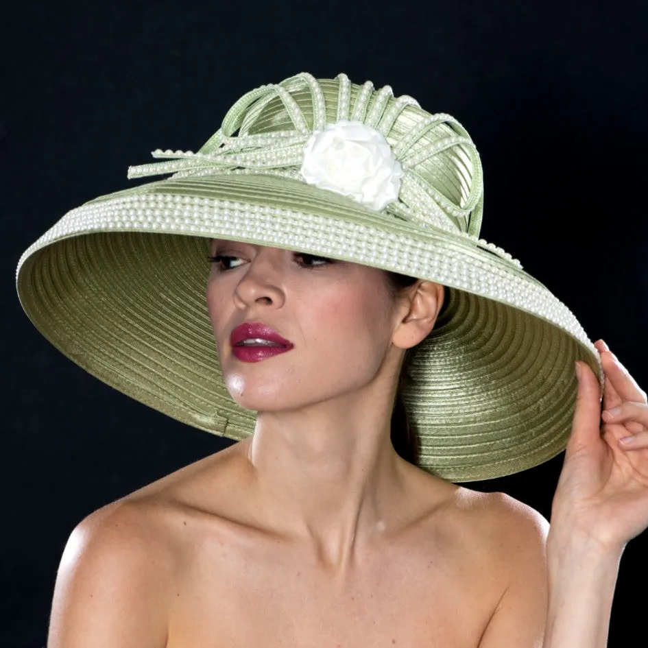 NA0046- Sage satin dress hat with pearl trims and satin flower