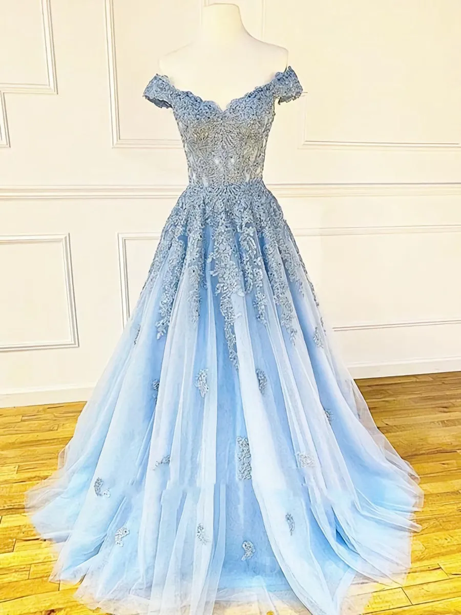 Off the Shoulder Light Blue Lace Prom Dresses Off the Shoulder Blue Lace Formal Evening Dresses