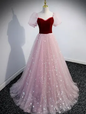 Pink A line Tulle Long Prom Dress Pink Tulle Evening Graduation Dresses