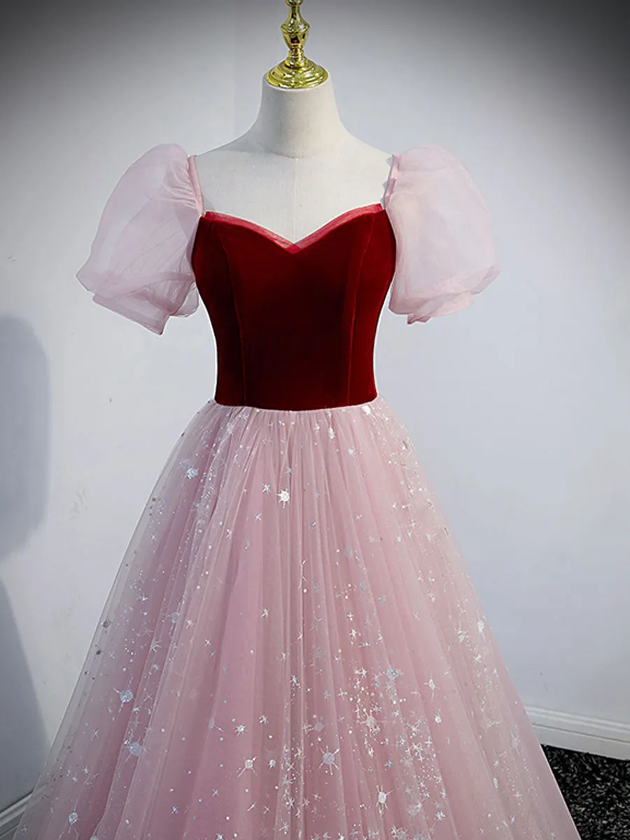 Pink A line Tulle Long Prom Dress Pink Tulle Evening Graduation Dresses