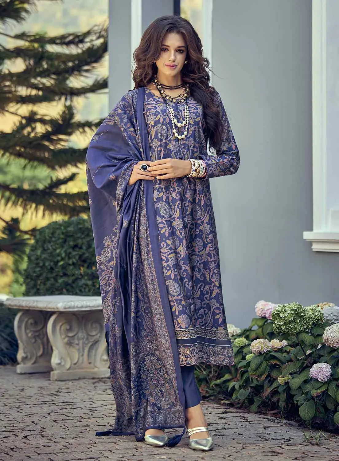 Pure Muslin Blue Unstitched Suit Material with Fancy Embroidery