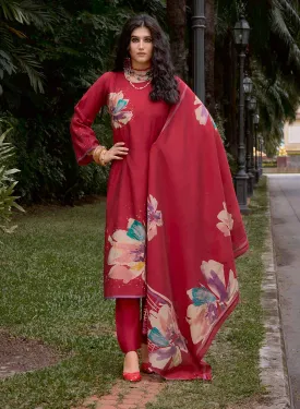 Red Pure Muslin Unstitched Suit Dress Material with Dupatta for Women