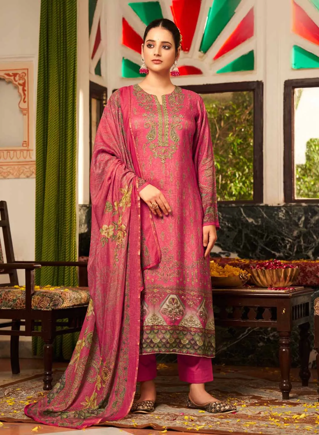 Rupali Pink Pure Muslin Unstitched Suit Dress Material for Women