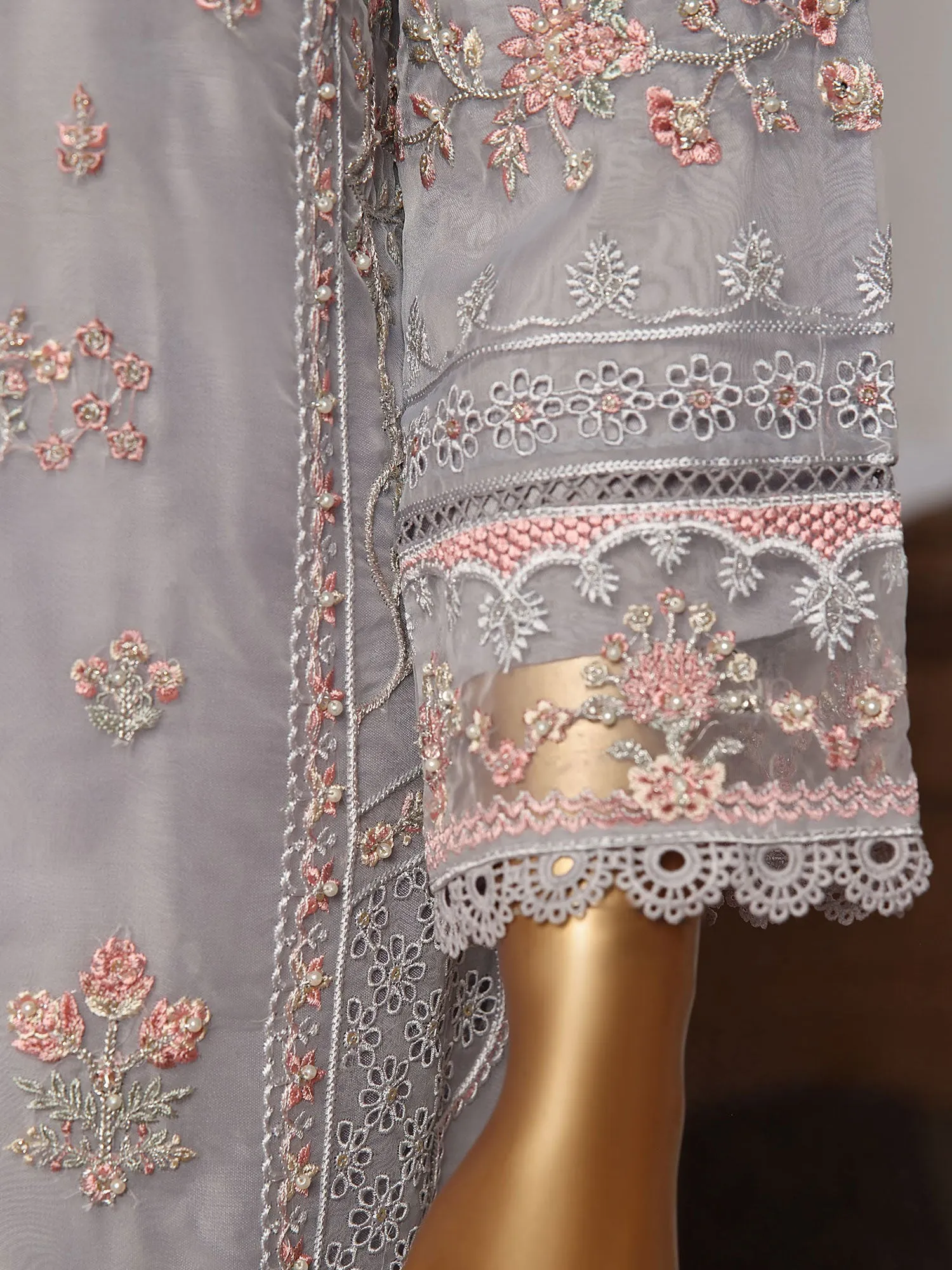 Sadabahar "Mahpara" Organza Embroidered Suit - Grey