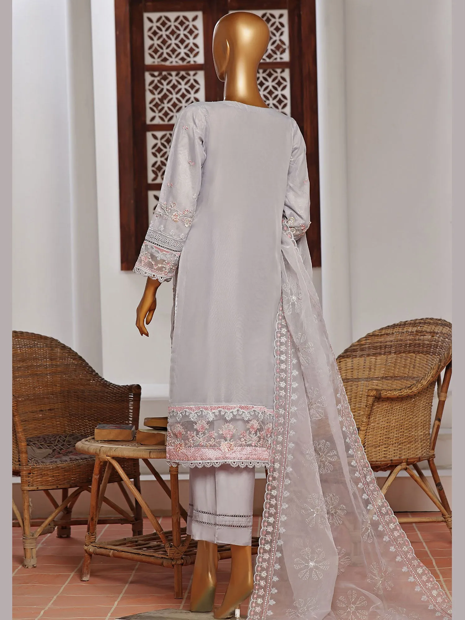 Sadabahar "Mahpara" Organza Embroidered Suit - Grey