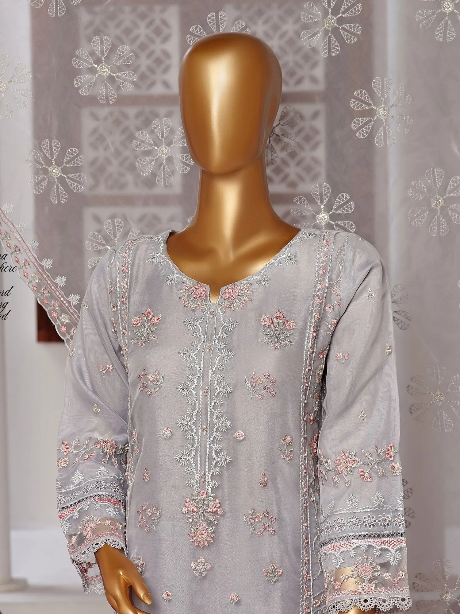 Sadabahar "Mahpara" Organza Embroidered Suit - Grey