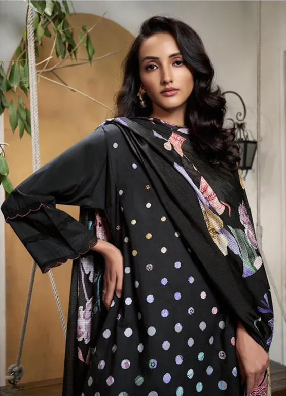 Sahiba Pure Cotton Lawn Black Unstitched Suit Material for Women