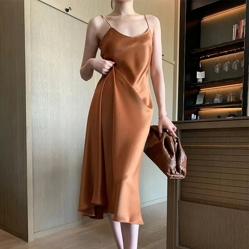 Satin Sleeveless Knee-Length Dress for Office Lady - Solid Sheath Style