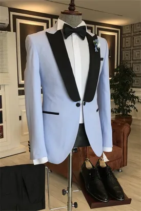 Stylish Light Blue One Buttom Prom Suits for Men with Black Peaked Lapel