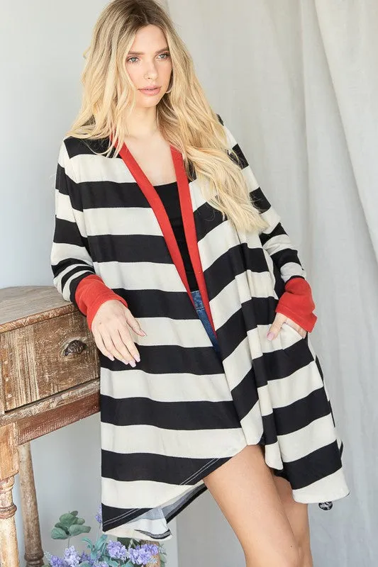 TEEK - Open Front Striped Draped Cardigan