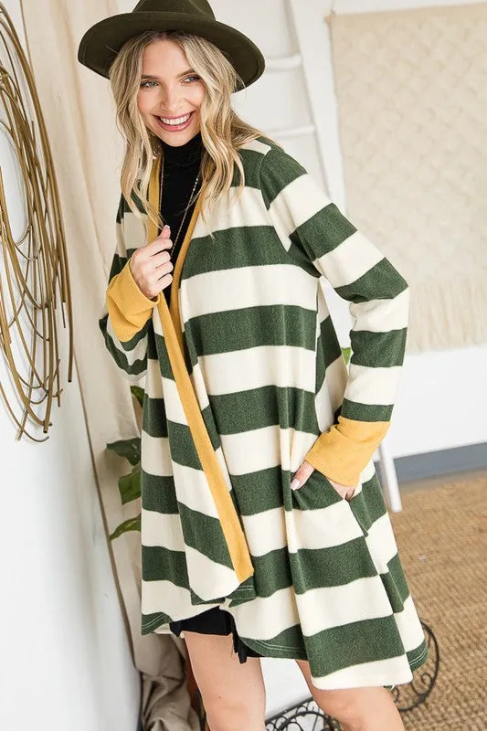 TEEK - Open Front Striped Draped Cardigan