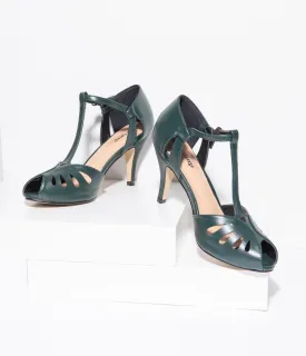 Unique Vintage Forest Green Leatherette Peep Toe T-Strap Everly Pumps