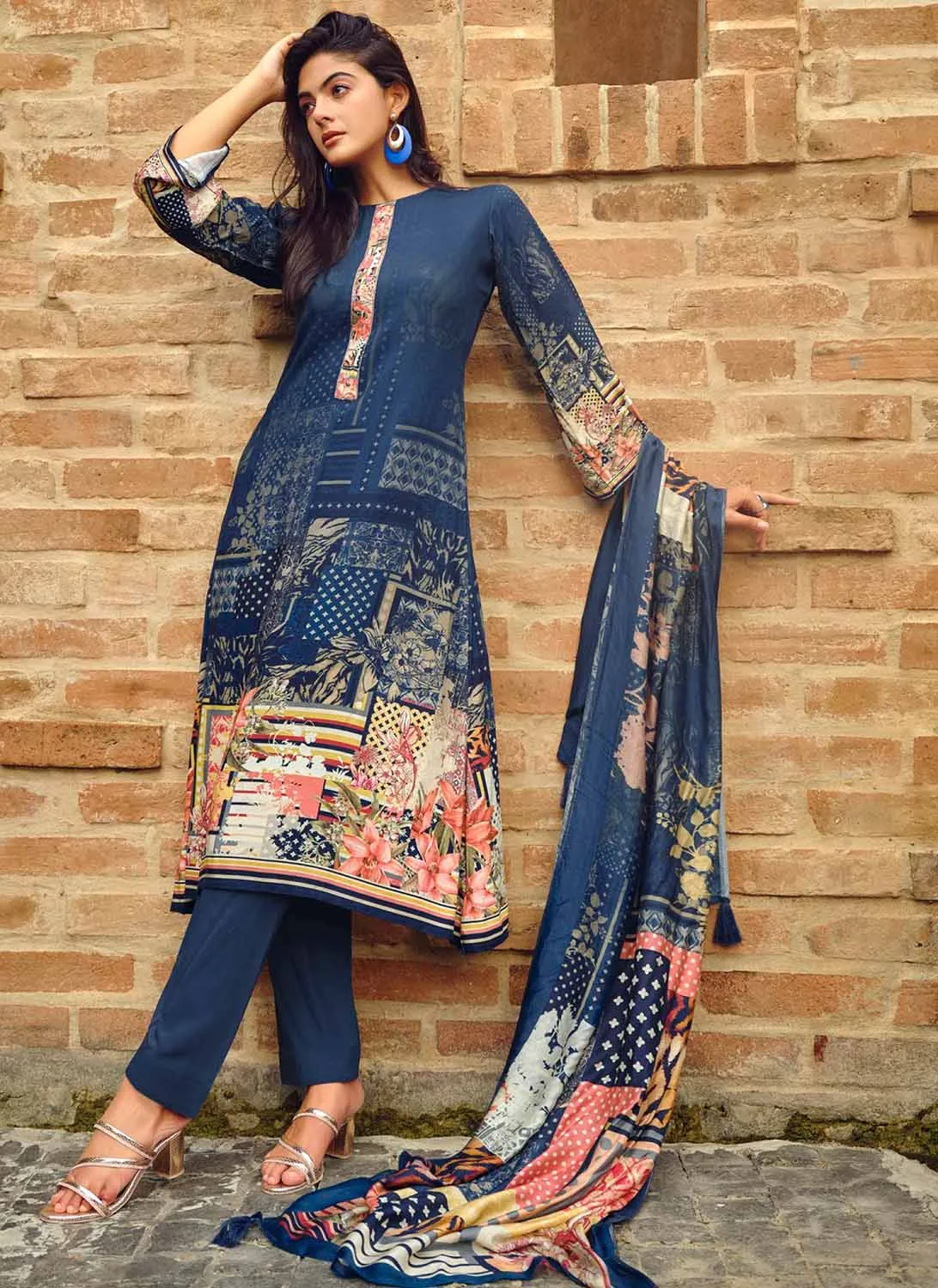 Unstitched Blue Pashmina Winter Suit Fabric Dress Material for Women