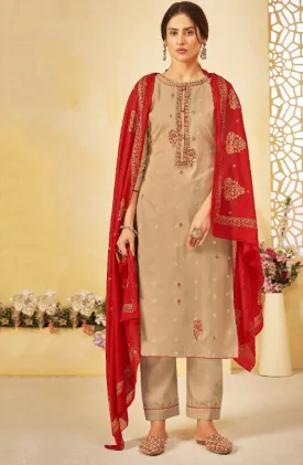 Unstitched Lawn Beige Cotton Pant Style Suit Dress Material With Dupatta