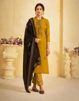 Unstitched Lawn Yellow Cotton Pant Style Suit Dress Material With Dupatta