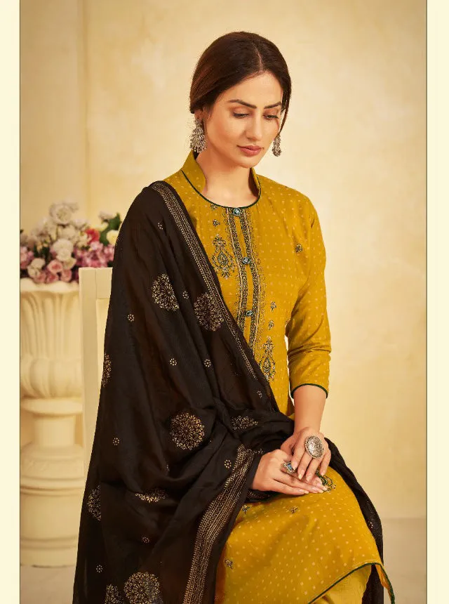 Unstitched Lawn Yellow Cotton Pant Style Suit Dress Material With Dupatta