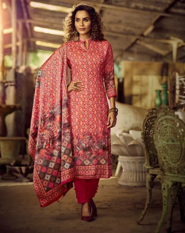 Unstitched Red Pashmina Dress Material Winter Wear Suits With Velvet Dupatta