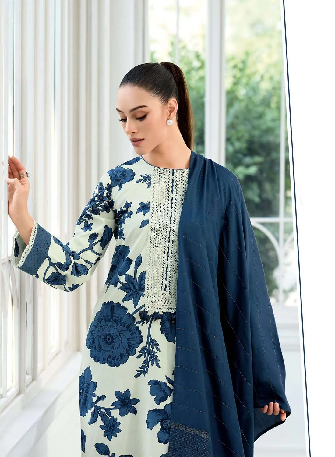 Varsha Blue Unstitched Pure Cotton Salwar Suit Material with Embroidery