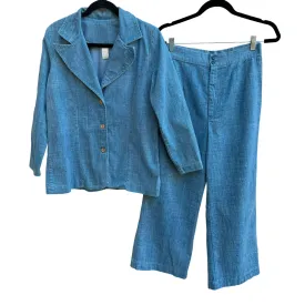 Vintage 70s Womens Blue Denim Single Breasted Blazer Wide Leg Pants 2 Piece Set