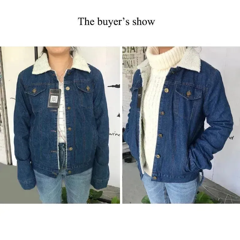 Women Lambswool With 4 Pockets Long Sleeves Denim Jacket