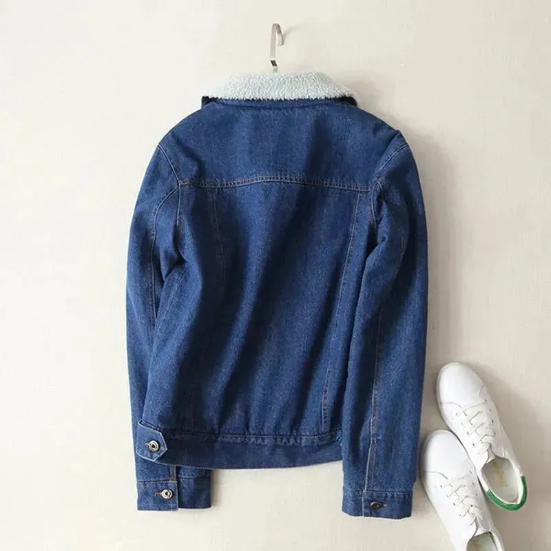 Women Lambswool With 4 Pockets Long Sleeves Denim Jacket