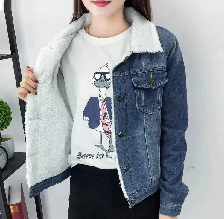 Women Lambswool With 4 Pockets Long Sleeves Denim Jacket