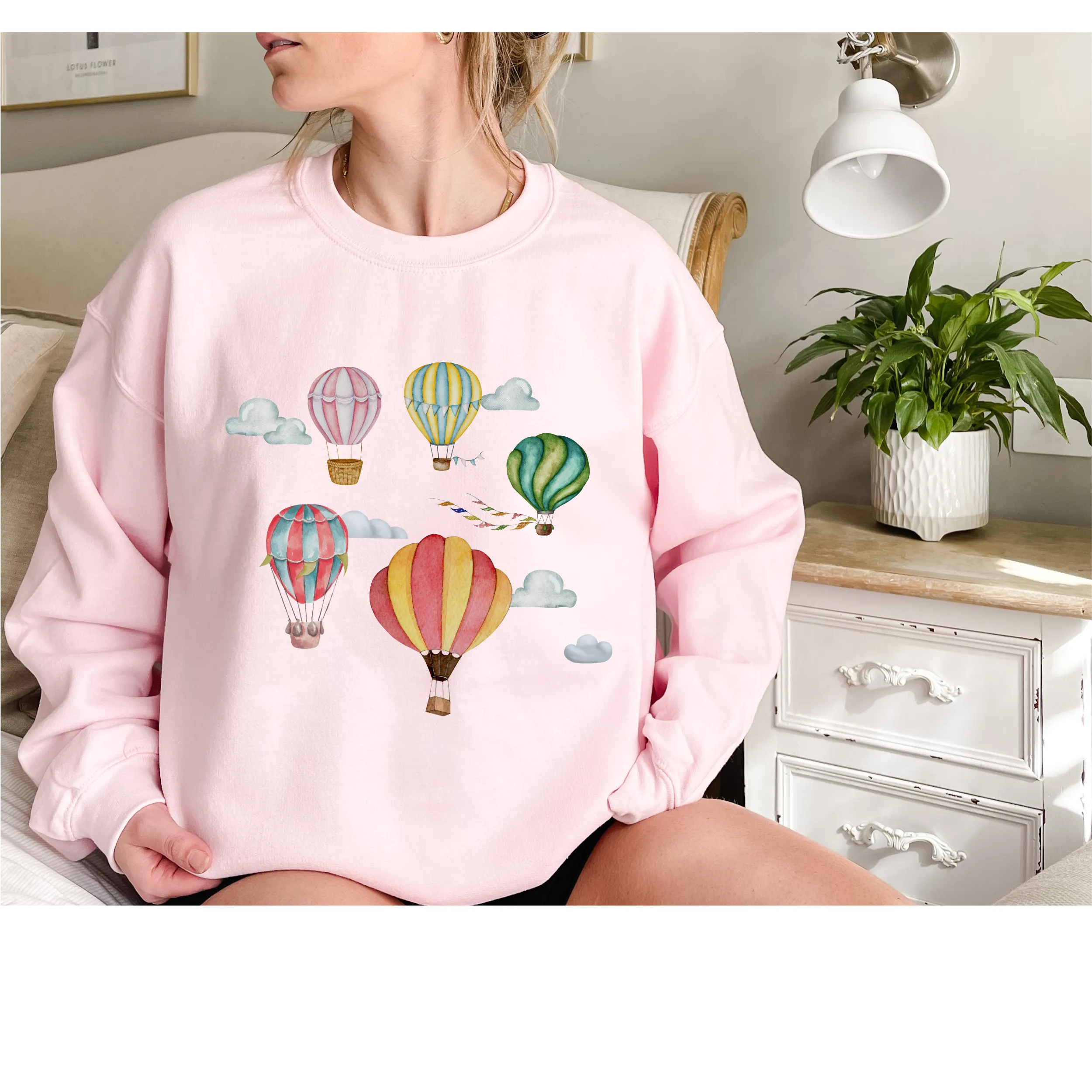 Women's Beautiful Watercolor Hot Air Balloons Unisex Crewneck Sweatshirt Hot Air Balloon Festival Pullover in White, Sand, Ash, Blue or Pink