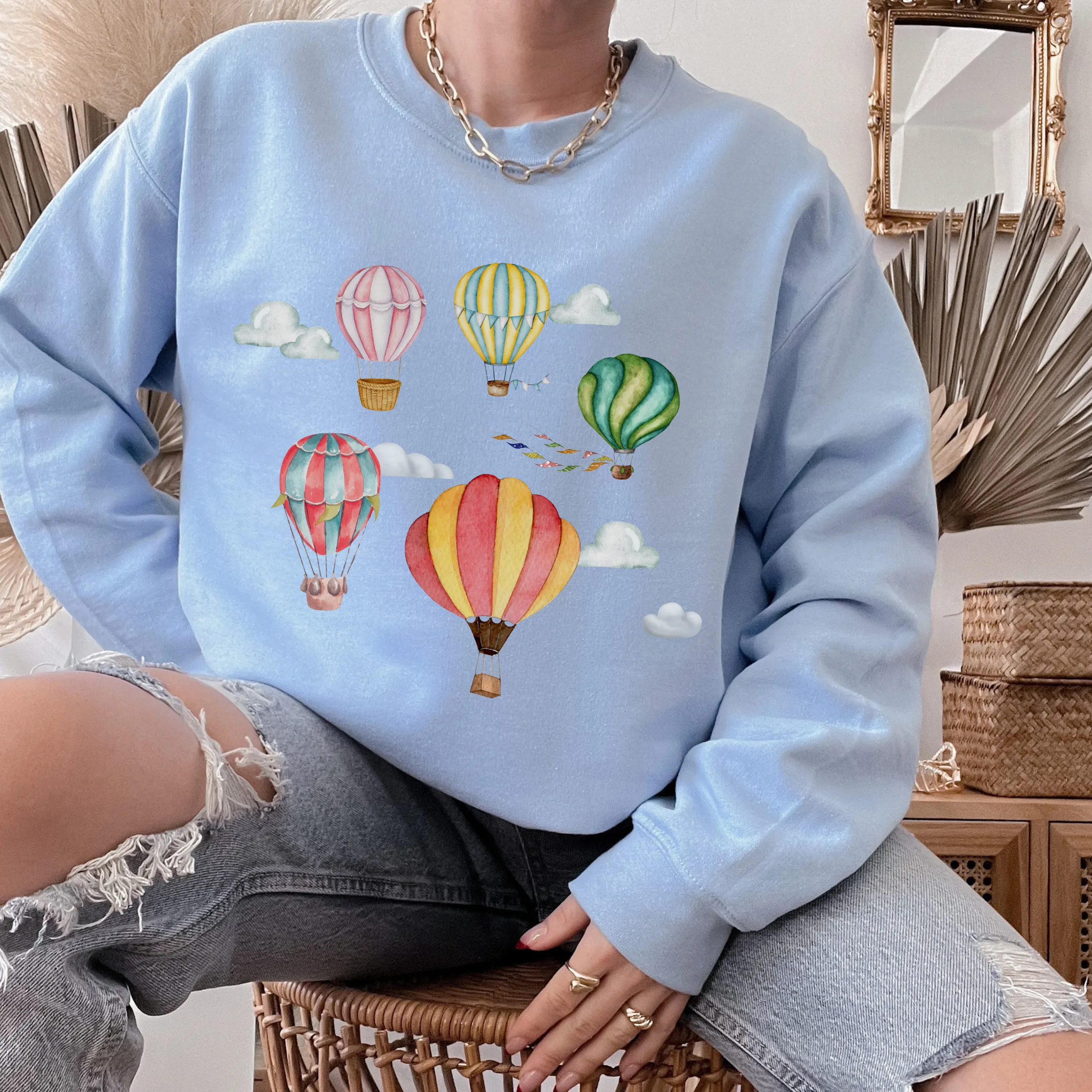 Women's Beautiful Watercolor Hot Air Balloons Unisex Crewneck Sweatshirt Hot Air Balloon Festival Pullover in White, Sand, Ash, Blue or Pink