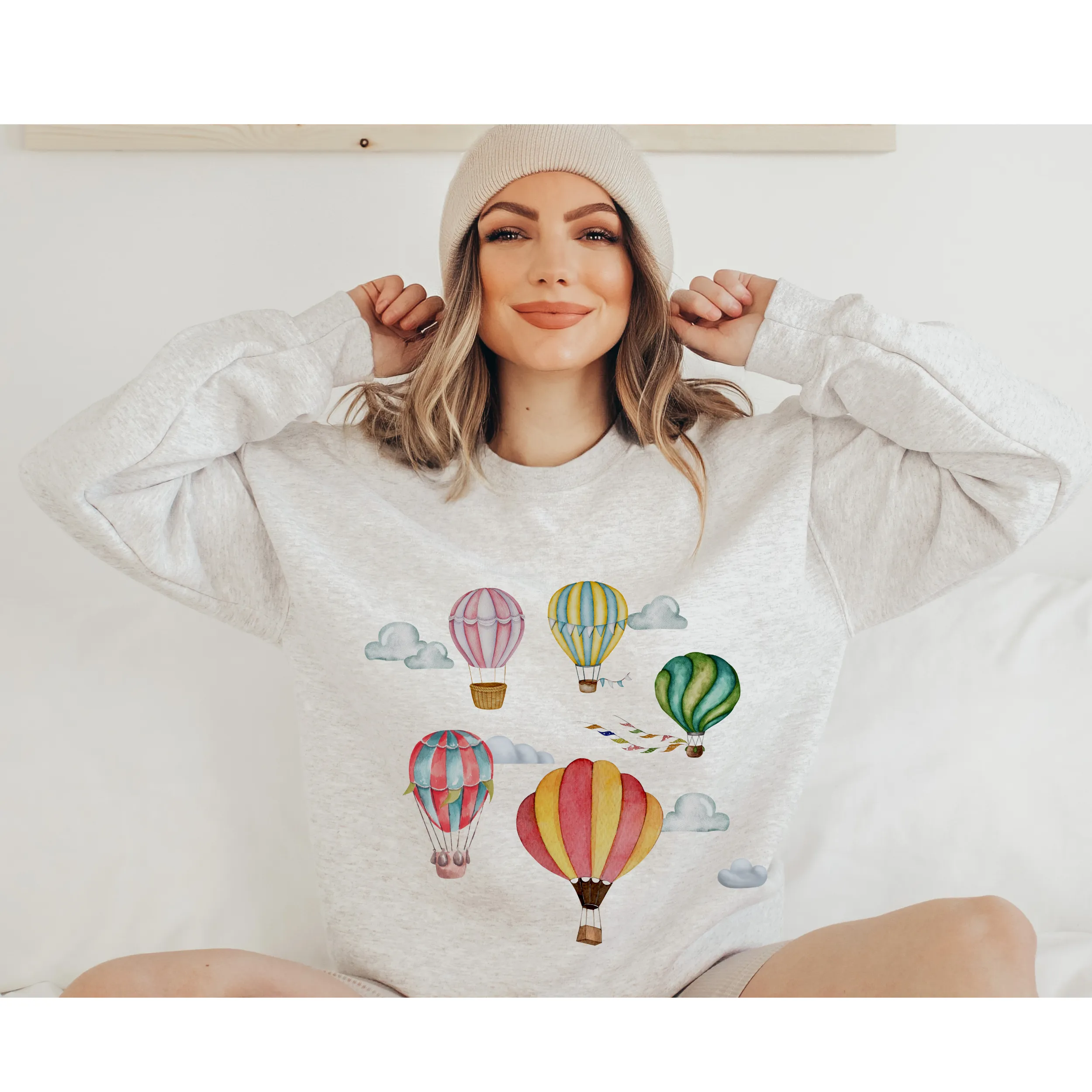 Women's Beautiful Watercolor Hot Air Balloons Unisex Crewneck Sweatshirt Hot Air Balloon Festival Pullover in White, Sand, Ash, Blue or Pink