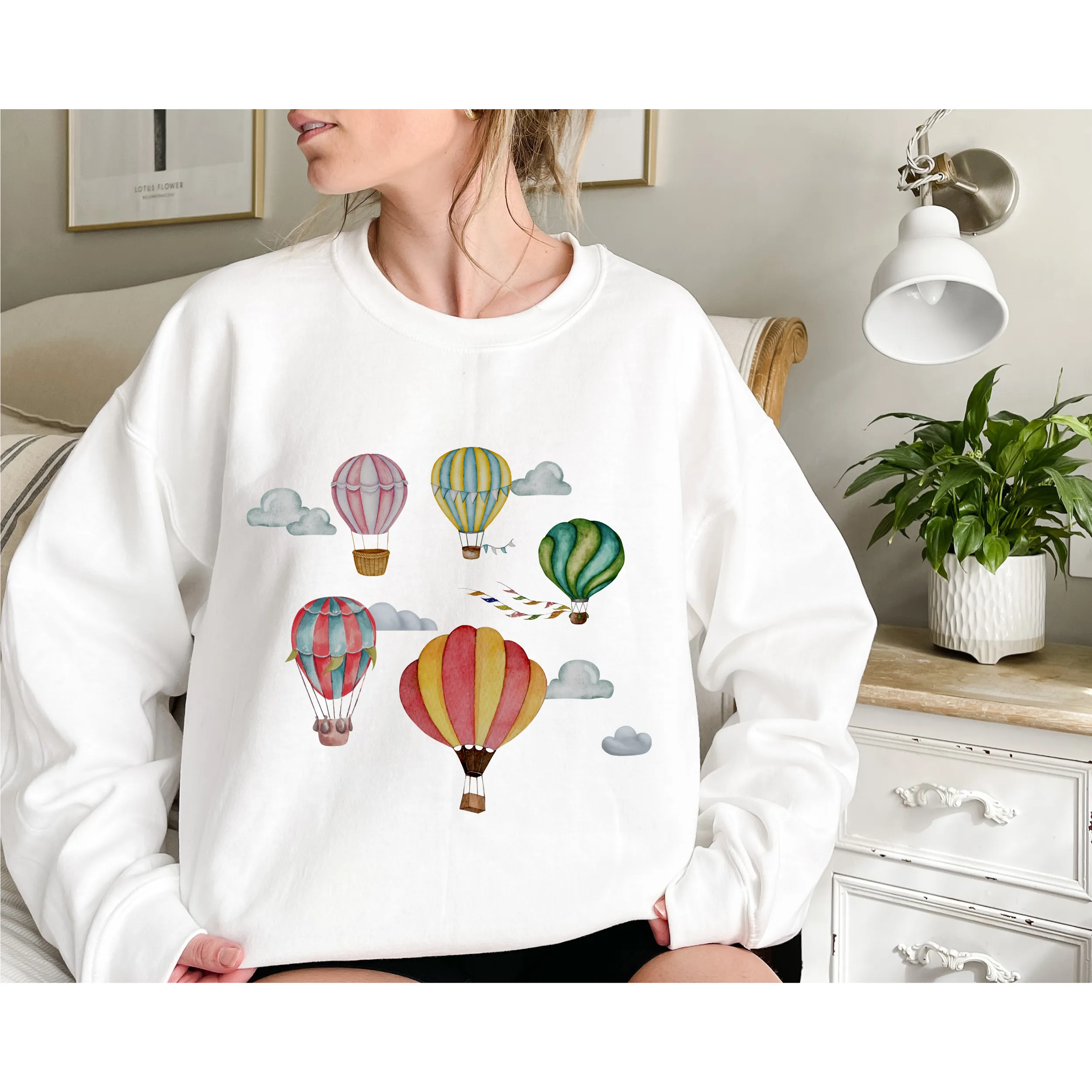 Women's Beautiful Watercolor Hot Air Balloons Unisex Crewneck Sweatshirt Hot Air Balloon Festival Pullover in White, Sand, Ash, Blue or Pink