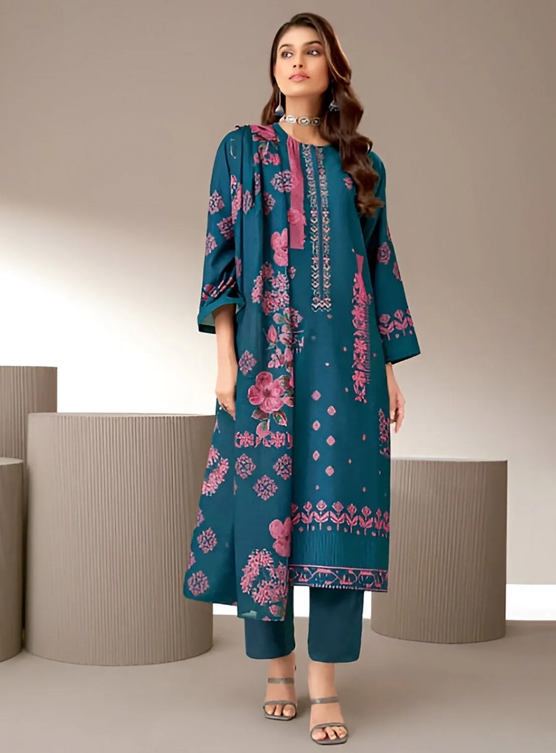 Women's Blue Pashmina Winter Suit Dress Material with Embroidery