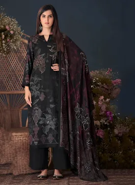 Women's Unstitched Black Printed Pashmina Winter Suit Dress Material